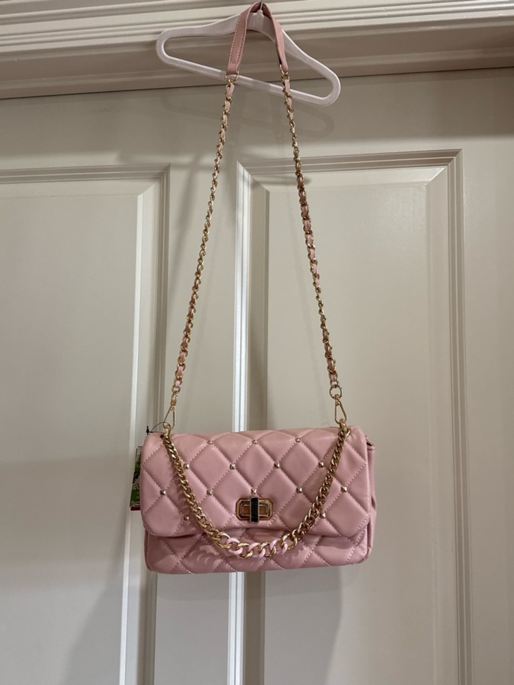 Badgley Mischka Quilted Pink Shoulder Bag with Gold Chain
